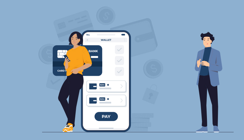 illustration of two people in foreground--one person standing and holding nothing second person leaning against disproportionately large payments card and mobile phone