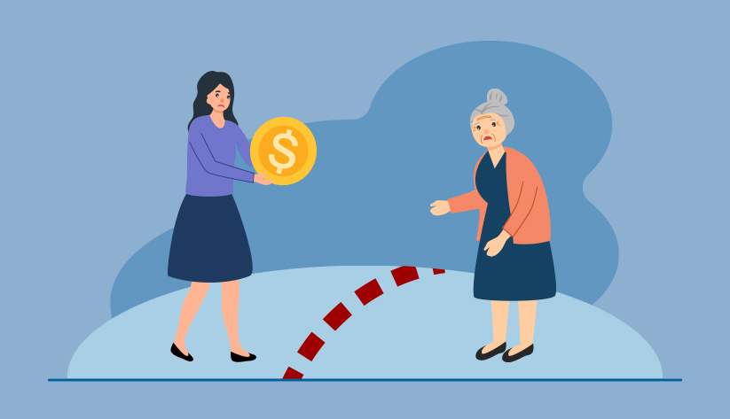 person carrying gold coin with dollar sign on it over a dashed line to other person waiting with outstretched hands as if to receive