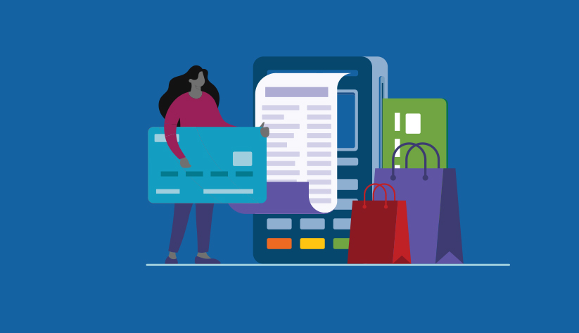 illustration person holding disproportionately large payment card near a point of sale machine printing out a receipt with shopping bags to its other side