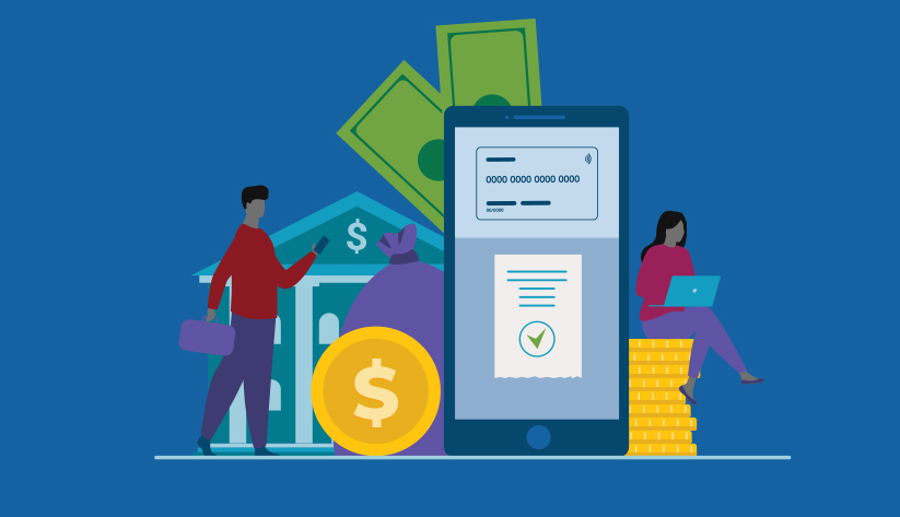 illustration of 2 people surrounded by a classical Greek building with a dollar sign on it, gold coins, paper bills, a disproportionately large mobile device with a generic payment card, some text, and a green check box