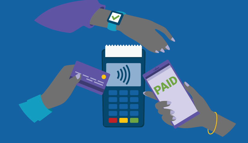 several hands approaching point of service payments terminal one with a smart watch on the wrist, one with a payments card, the third with a mobile device with the word 'paid' on it