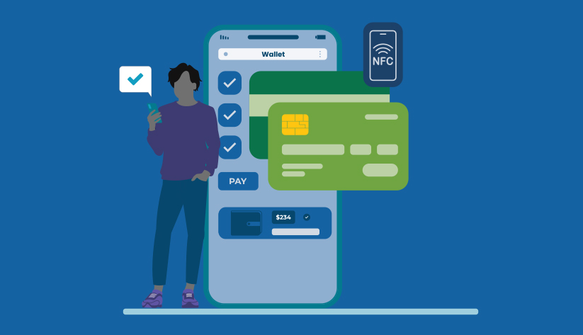 person standing next to disproportionately large mobile phone with check marks and button reading 'pay' and another device with radiating indicator reading 'nfc'
