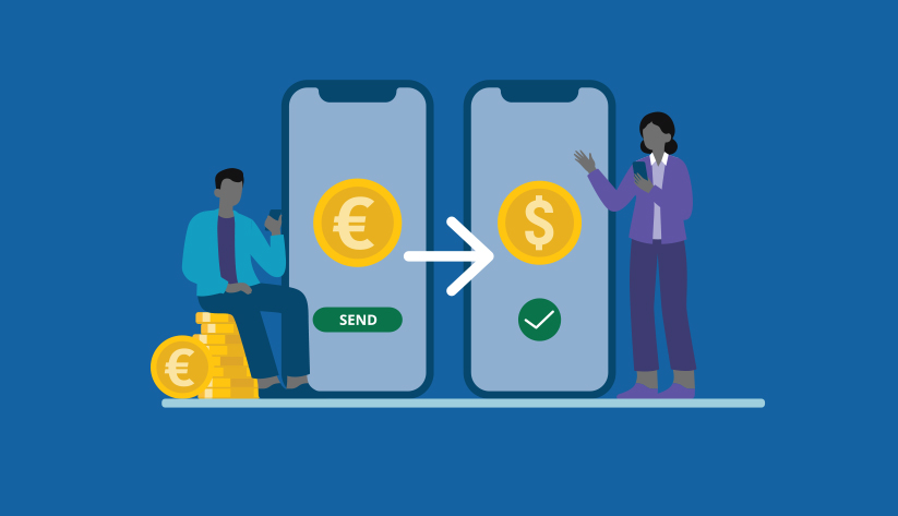 person sitting on pile of gold coins with Euro symbol next to mobile phone with arrow pointing to mobile phone with gold coin with dollar sign on it with person on the other side of opposite phone