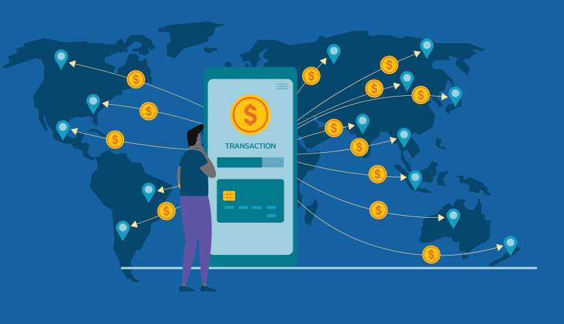 person staring at, with hand on chin, disproportionately large mobile telephone with coins with dollar symbols on them being distributed onto a world map in the background