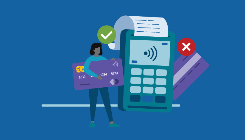 illustration of a person holding payment card in front of disproportionately large point of sale credit card terminal under a green check mark presumably indicating a positive experience and on the other side a card mid-air in the process of scanning the magnetic strip of a card under a red x mark presumably indicating a negative experience