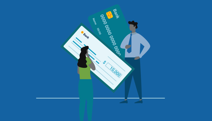 illustration of one person with a disproportionately large check another with a disproportionately large payment card facing one another