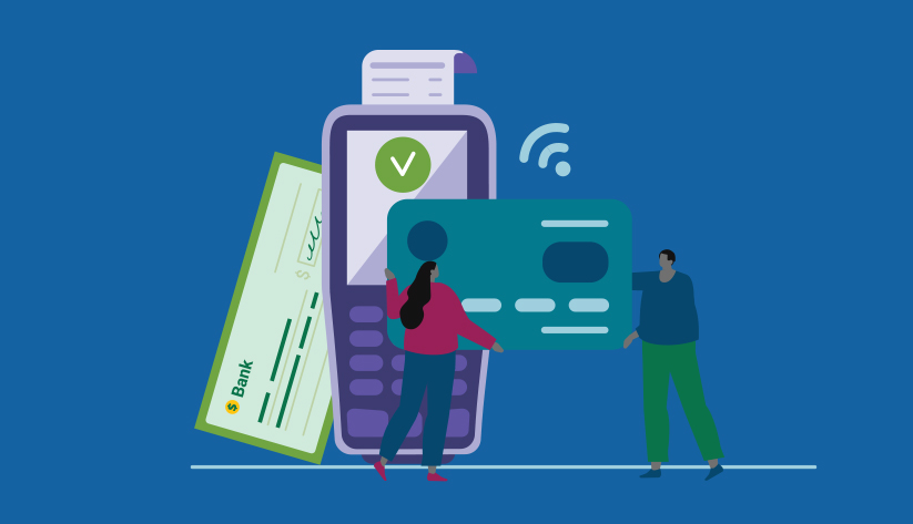 Illustration of two people in the foreground holding a disproportionately large payment card against a payments terminal with an indicator of near field communications coming from the card to the reader with a check in the background.