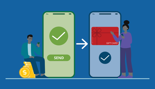 Illustration portraying a man using phone to send money to another person's phone
