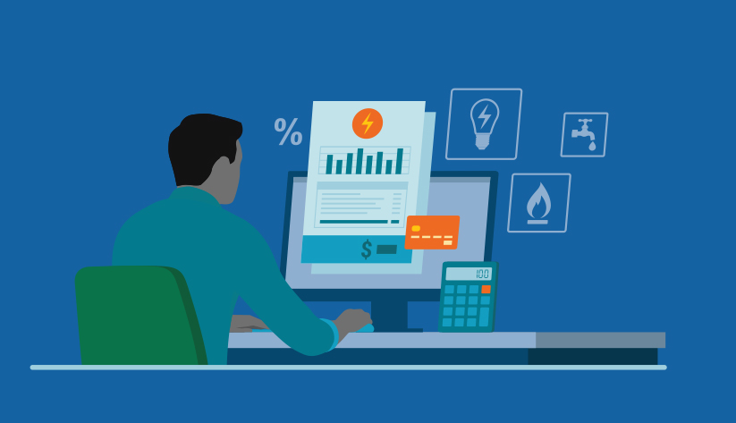 Illustration of a man looking at a computer spreadsheet with illustrated utilities balloons