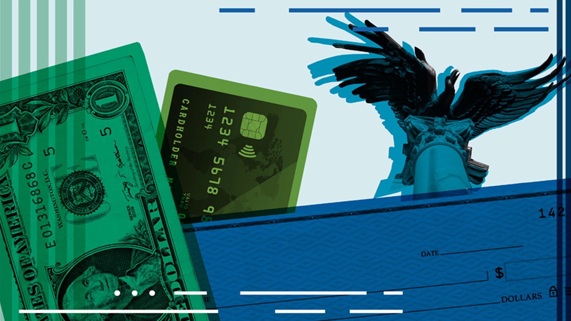 collage of currency, credit, checks, and the Fed