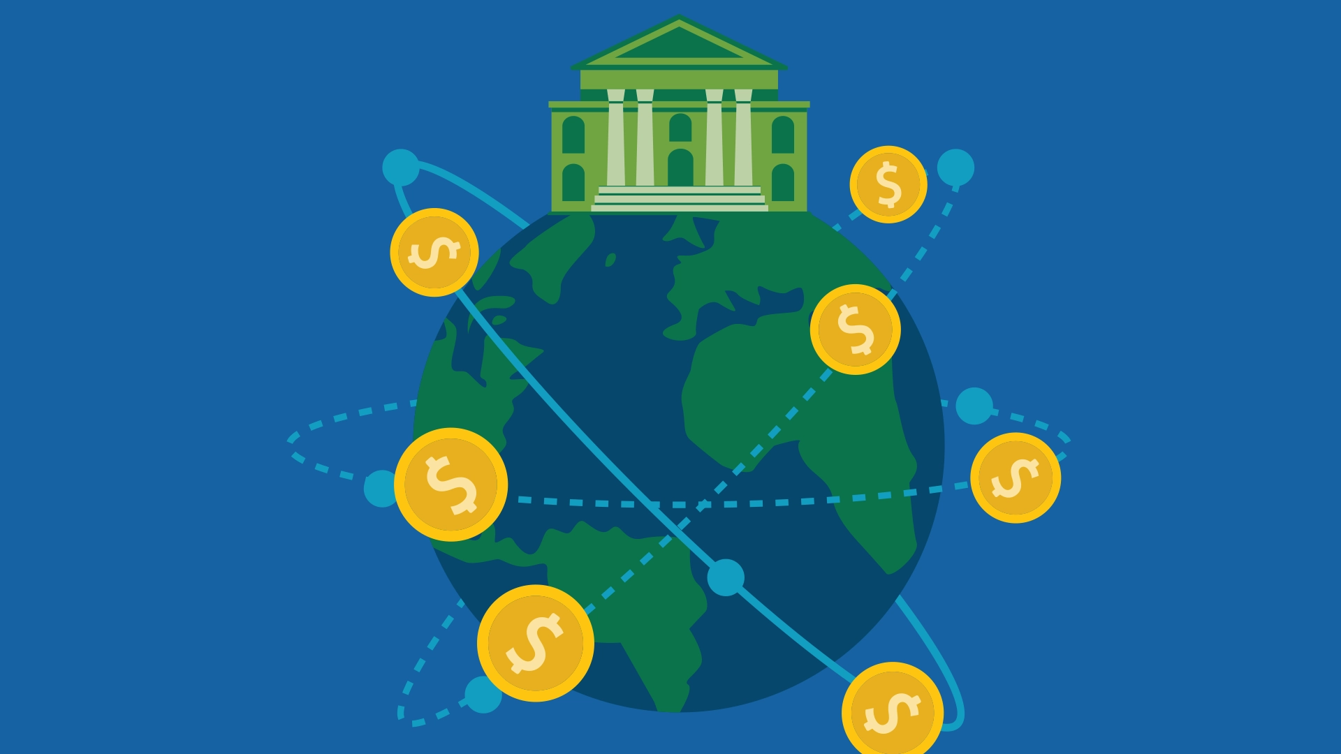 Illustration of the earth with bank building at the top with dotted lines and dollar signs circling around the earth
