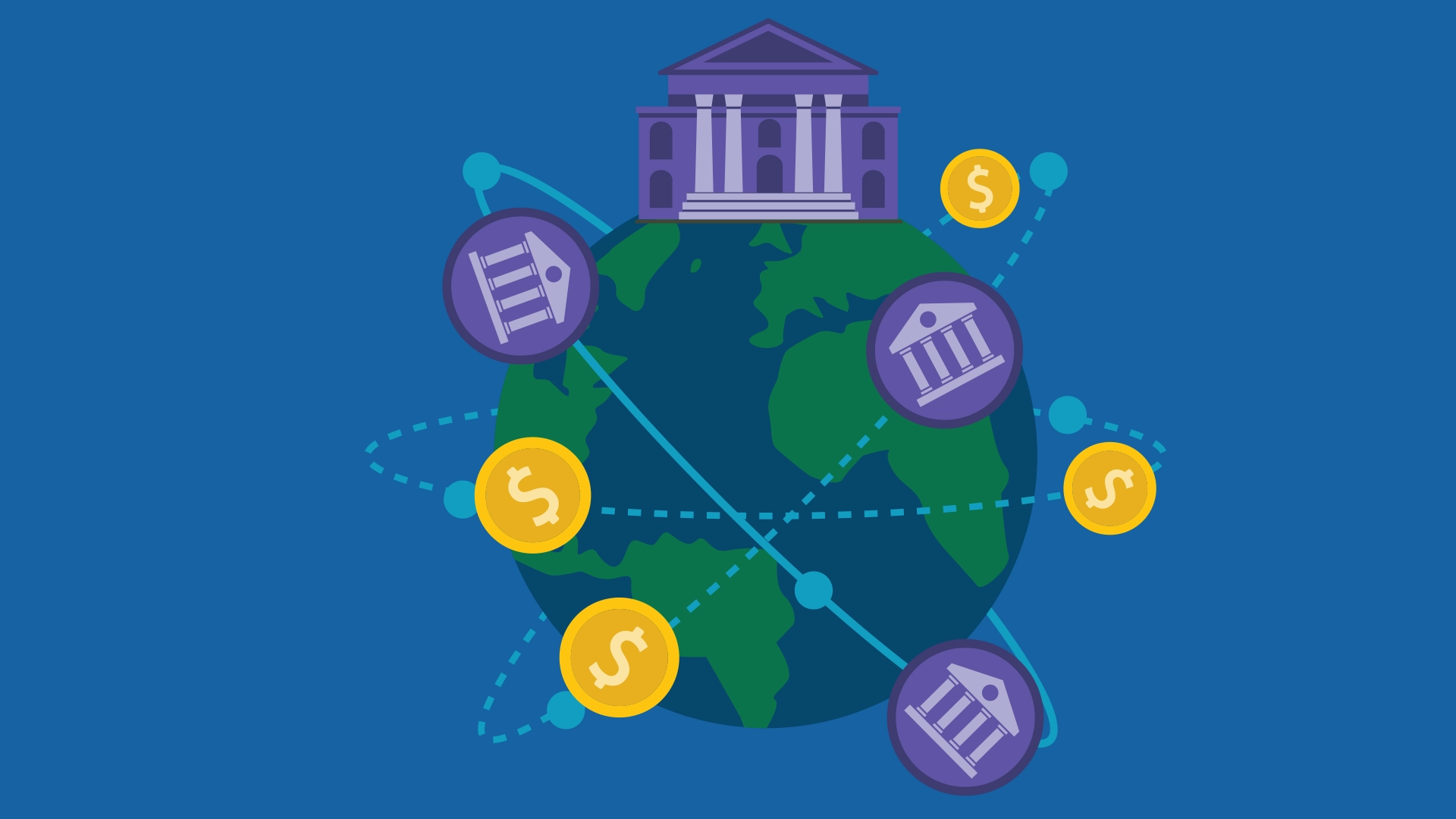 Illustration of connected dotted lines, dollar signs, bank buildings moving around the earth with large bank building at the top