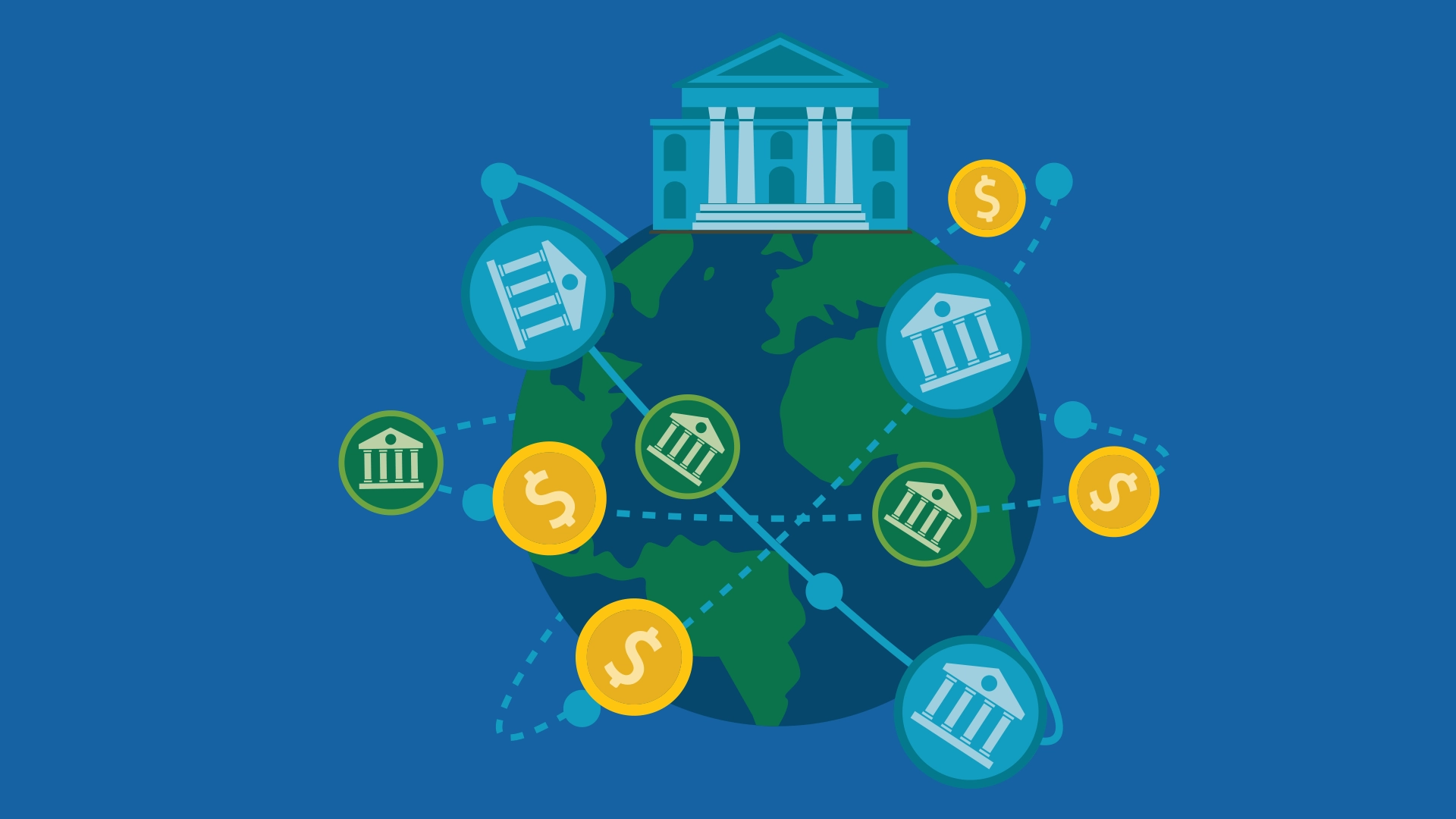 Illustration of connected dotted lines, dollar signs, bank buildings moving around the earth with large bank building at the top