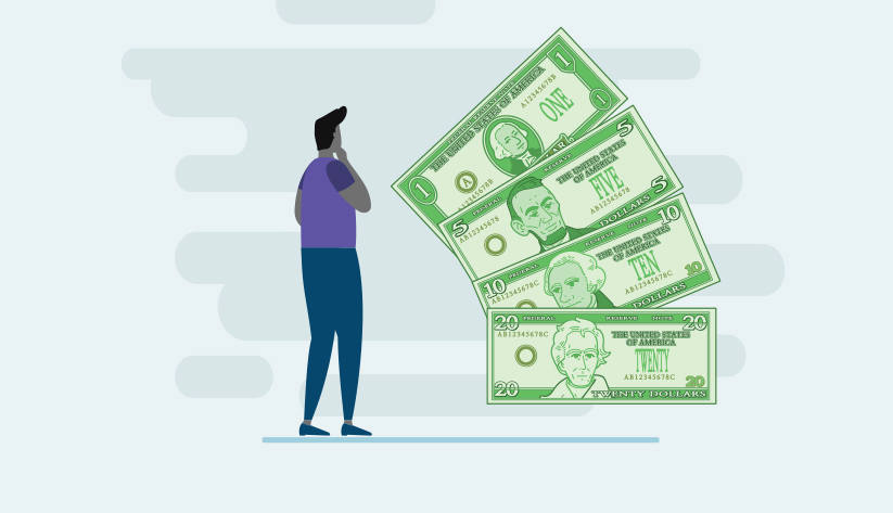 person pondering cash bills