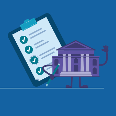 Clipboard with survey next to an animated bank building hold a pencil