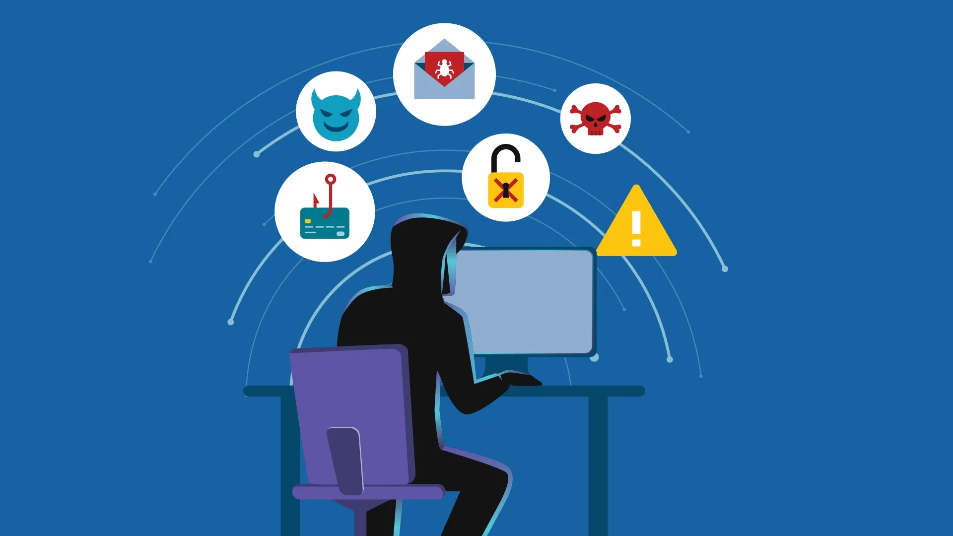 Illustration of person dressed in all black sitting in front of computer monitor with warning icons in thought bubbles
