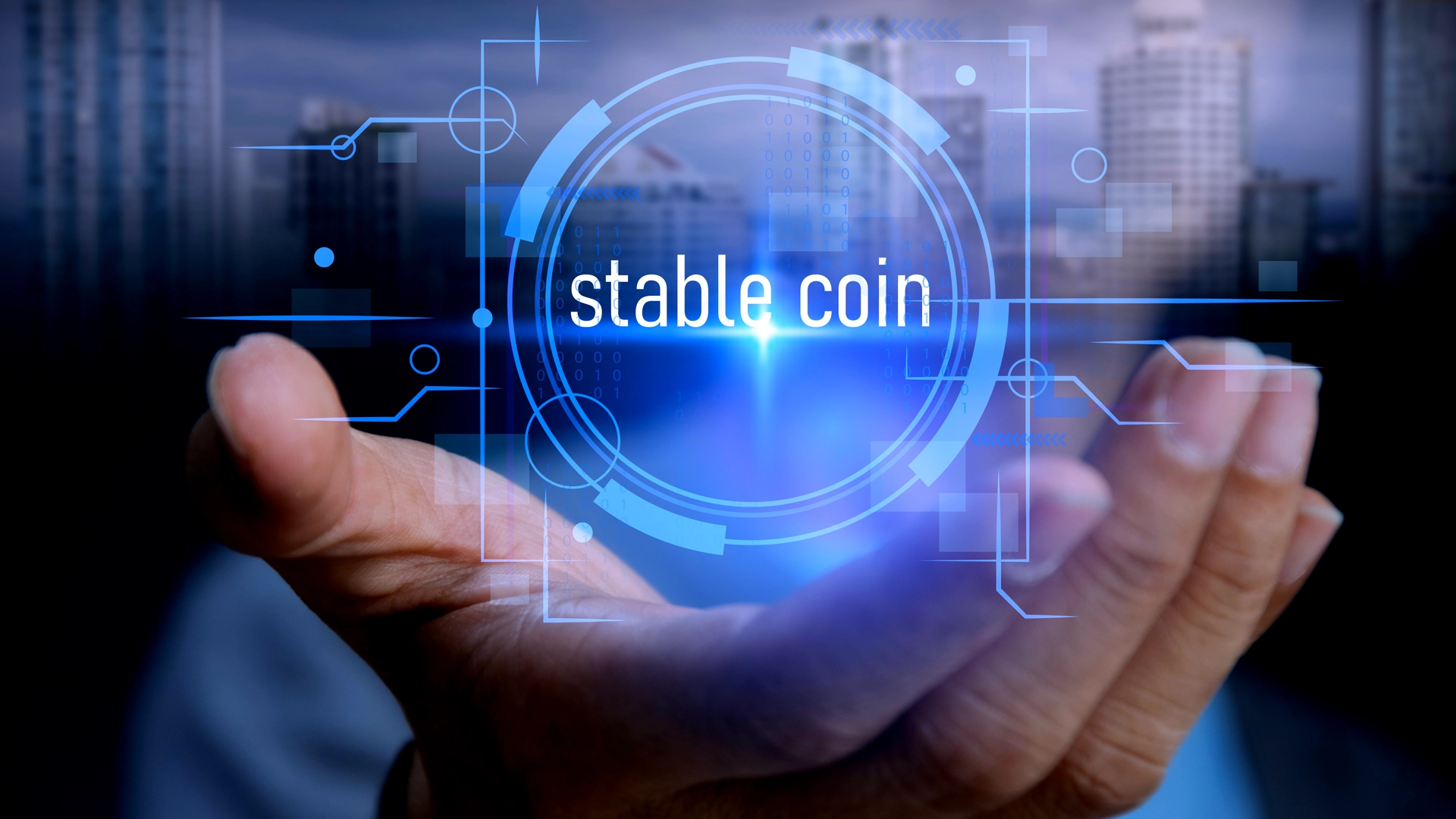 Hand under a blue glowing circle with words stable coin