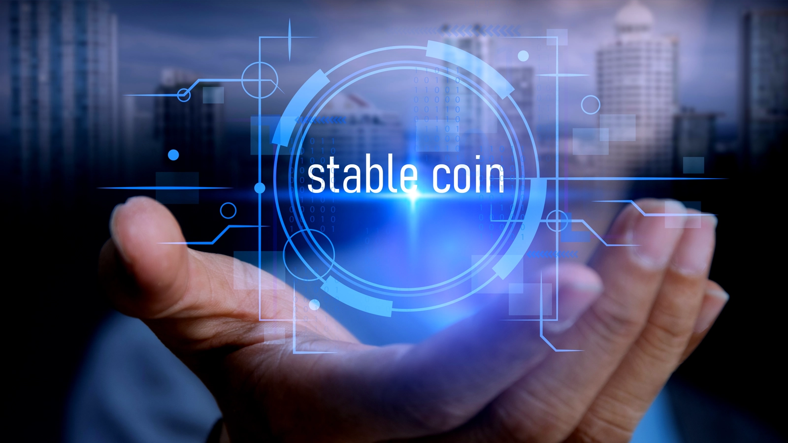 Hand under a blue glowing circle with words stable coin