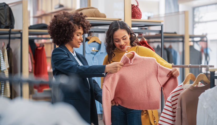 two women looking at a sweater shopping