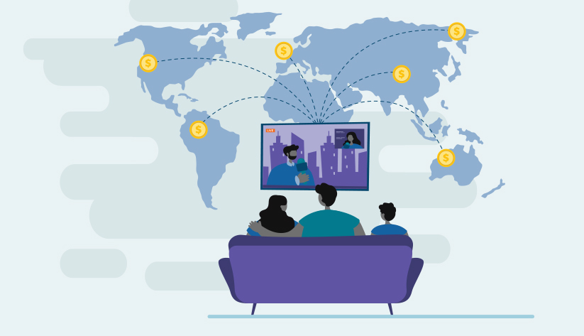 illustration of a group of 3 sitting on a couch in front of entertainment center with lines emanating from behind it going to different endpoints terminating with bitcoin symbols