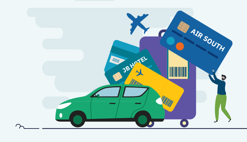 person loading giant branded credit cards between car and suitcase airplane in background