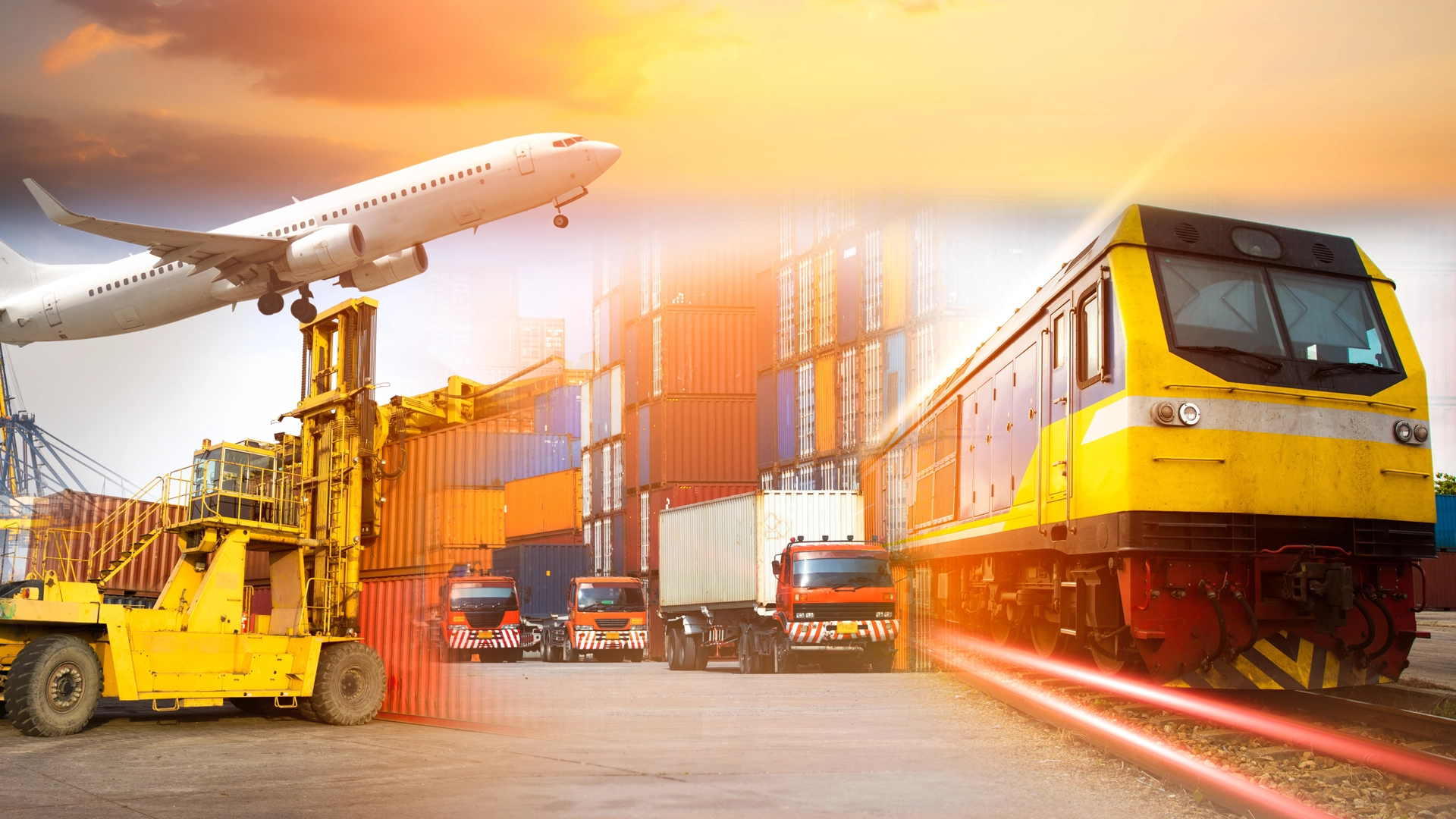 Collage of various forms of transportation including airplane, train, truck, shipping containers