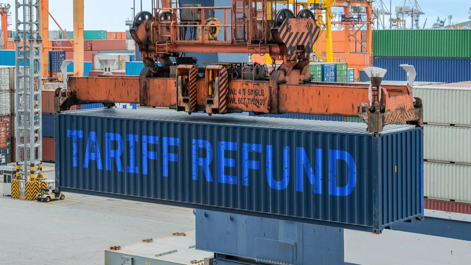 photograph of a ship-to-shore crane holding shipping container reading 'tariff refund' on the side