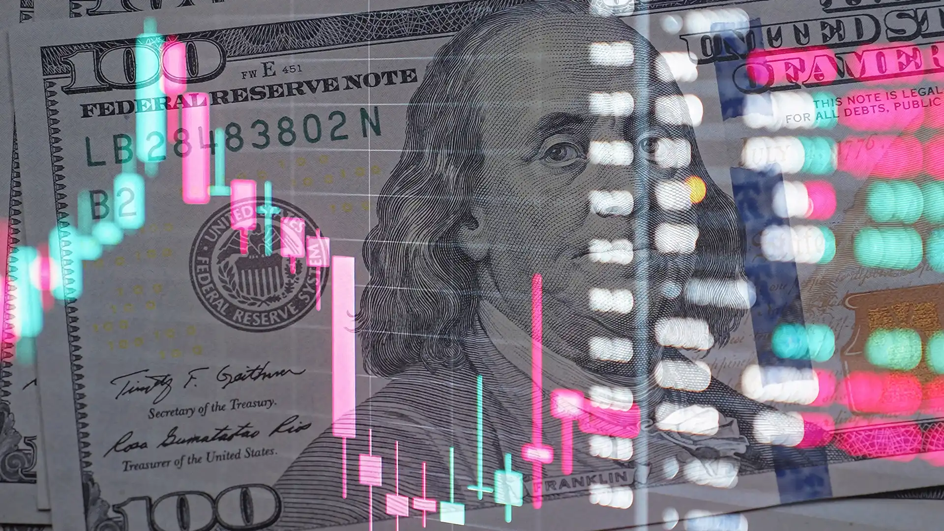 photo of American $100 bill overlain with abstracted plot chart data