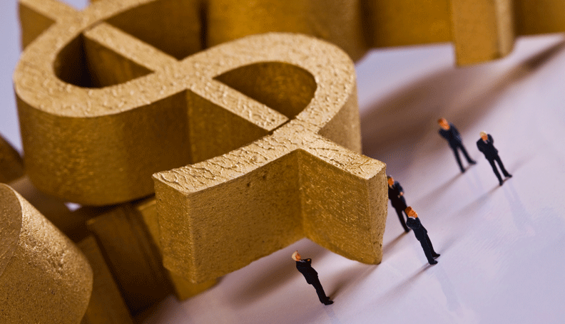 Dollar sign with small people under it