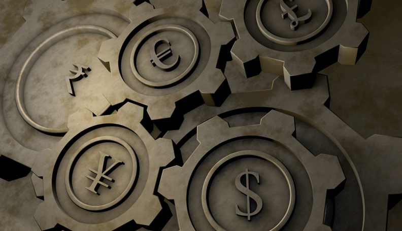 interlocking gears with different currency symbols in the center
