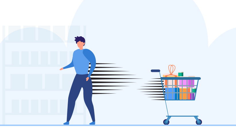 illustration of a person and a full shopping cart moving away from each other