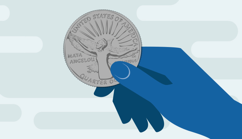 close up of hand holding disproportionately large Maya Angelou quarter