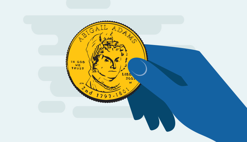 hand holding oversized abigail adams quarter