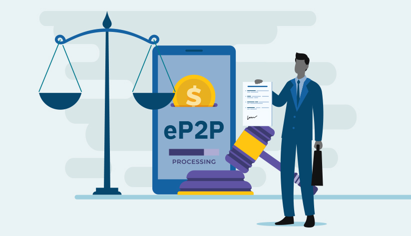 businessman holding document in front of large gavel, scales, and mobile phone