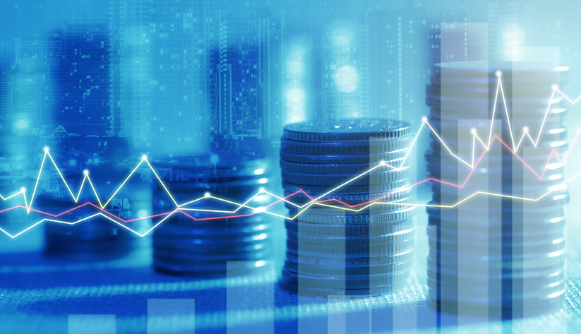 collage of stacked coins and a line and a bar chart, against a faded background of indicators