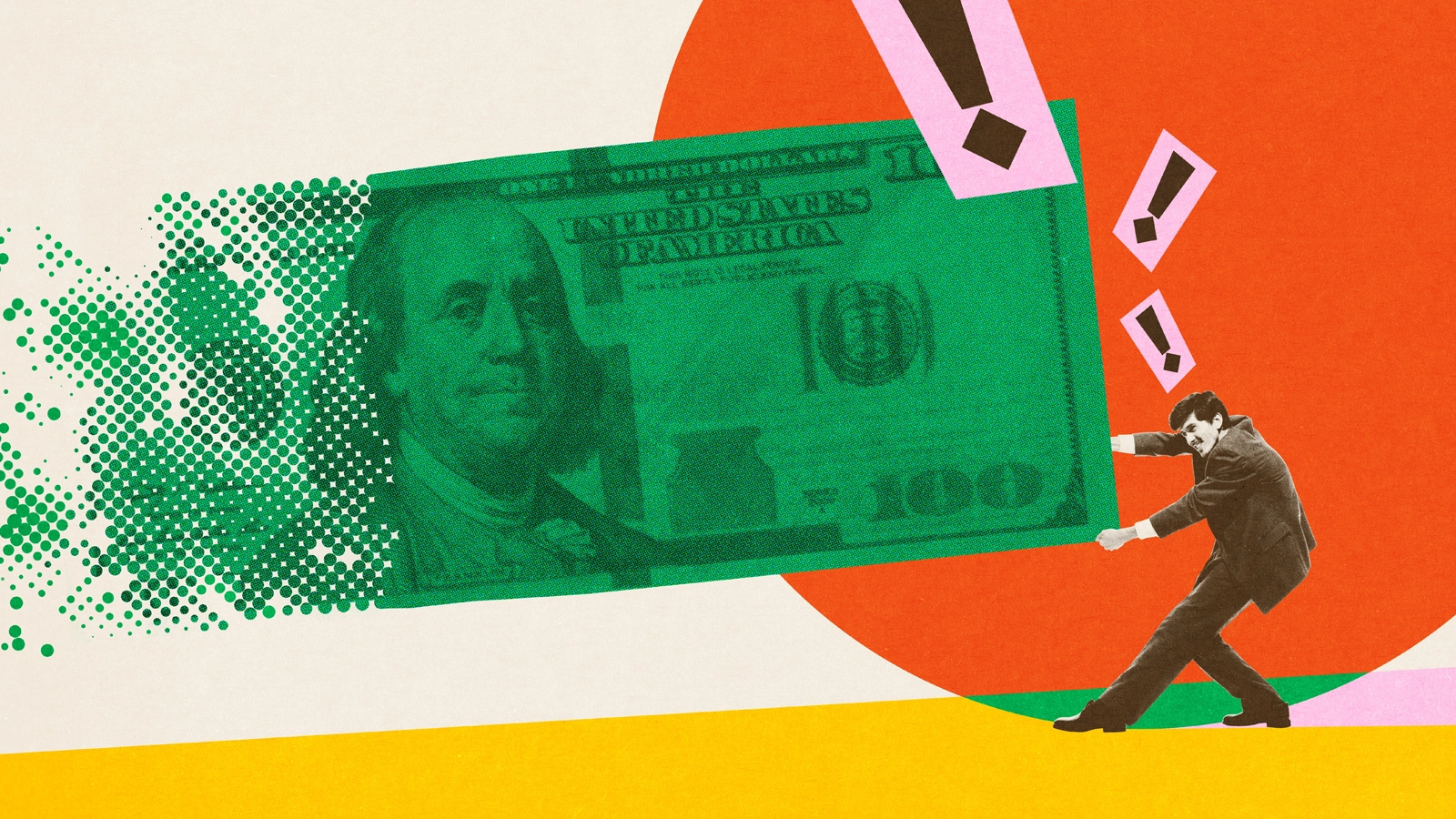 Illustration of a man wearing a suit pulling a $100 bill that is disintegrating