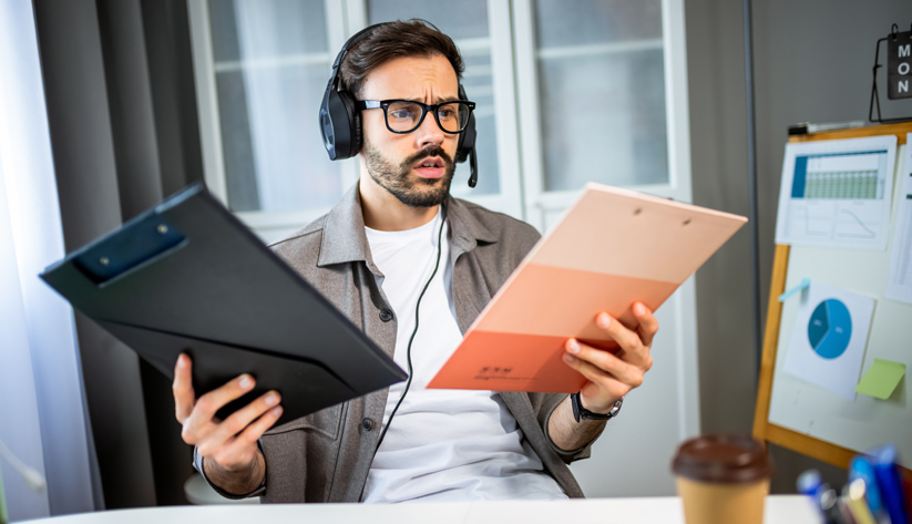 A man wearing headphones and glasses holding a report in each hand looking confused