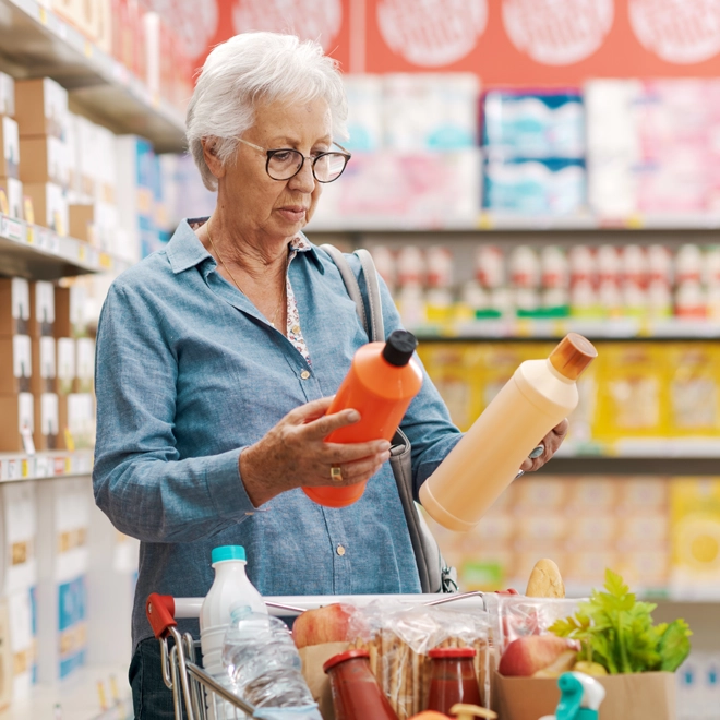 Woman wearing blue dress, glasses, with white hair comparing two grocery items