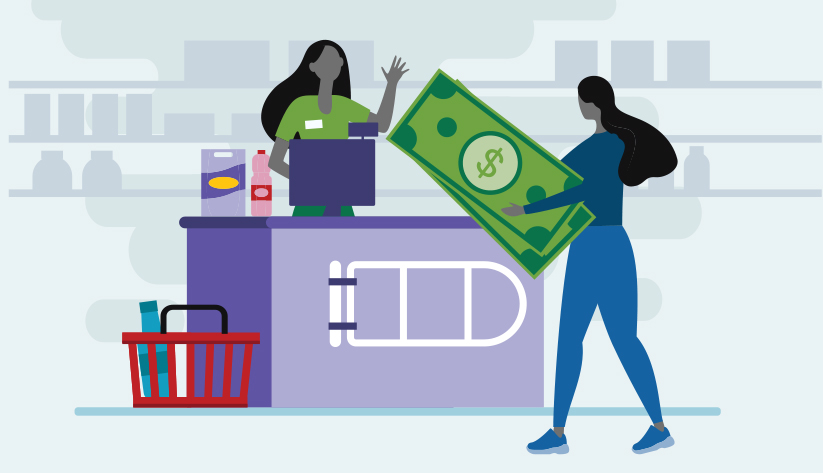 person paying clerk at check out counter with cash