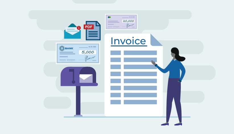 person reviewing pdf-formatted invoice from mail then mailing check