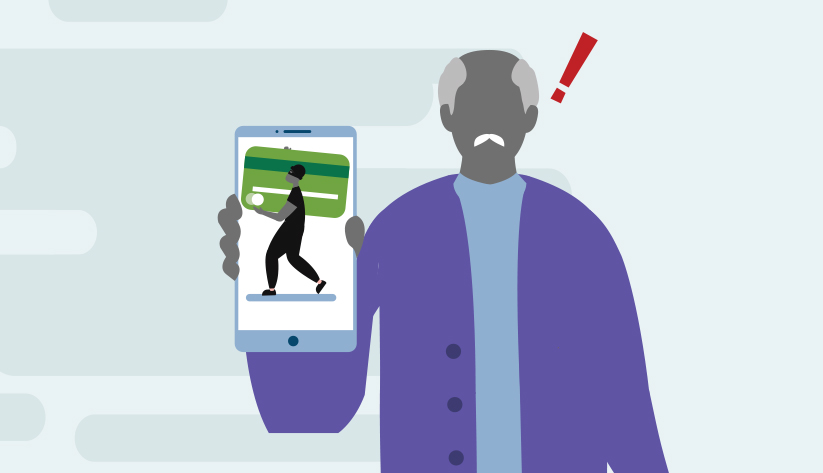 perplexed senior man holding mobile phone displaying image of thief stealing credit card