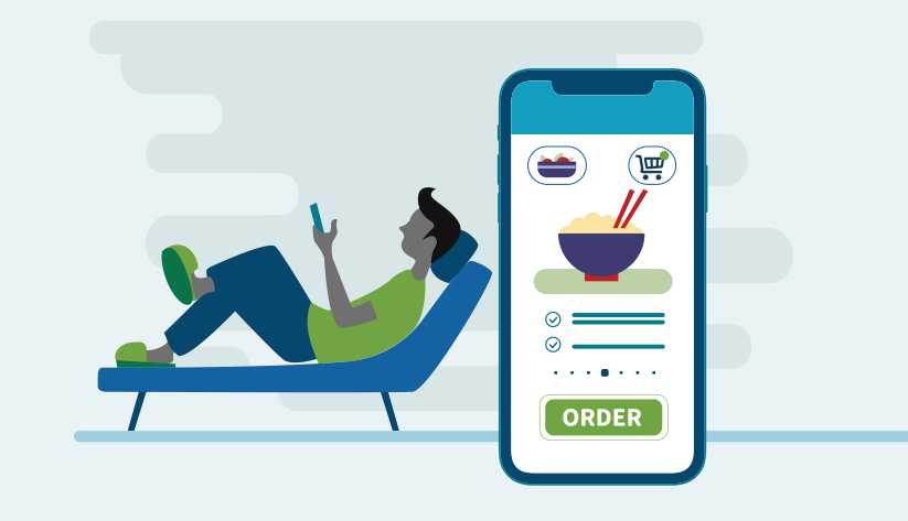 person in lounge chair with phone next to them showing food order in process