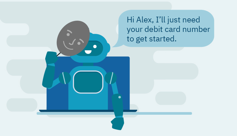 a robot with a human face mask greeting a user in a personalized manner