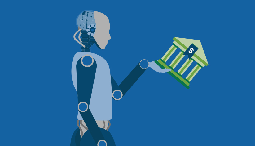 illustration--robot inquisitively holding miniature Greek-columned building with banner on it with dollar sign