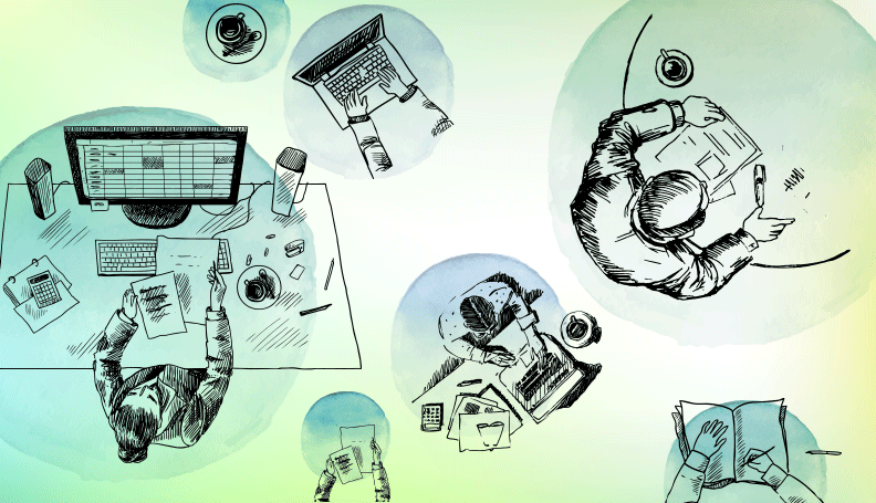 various drawings of people working and reading from above