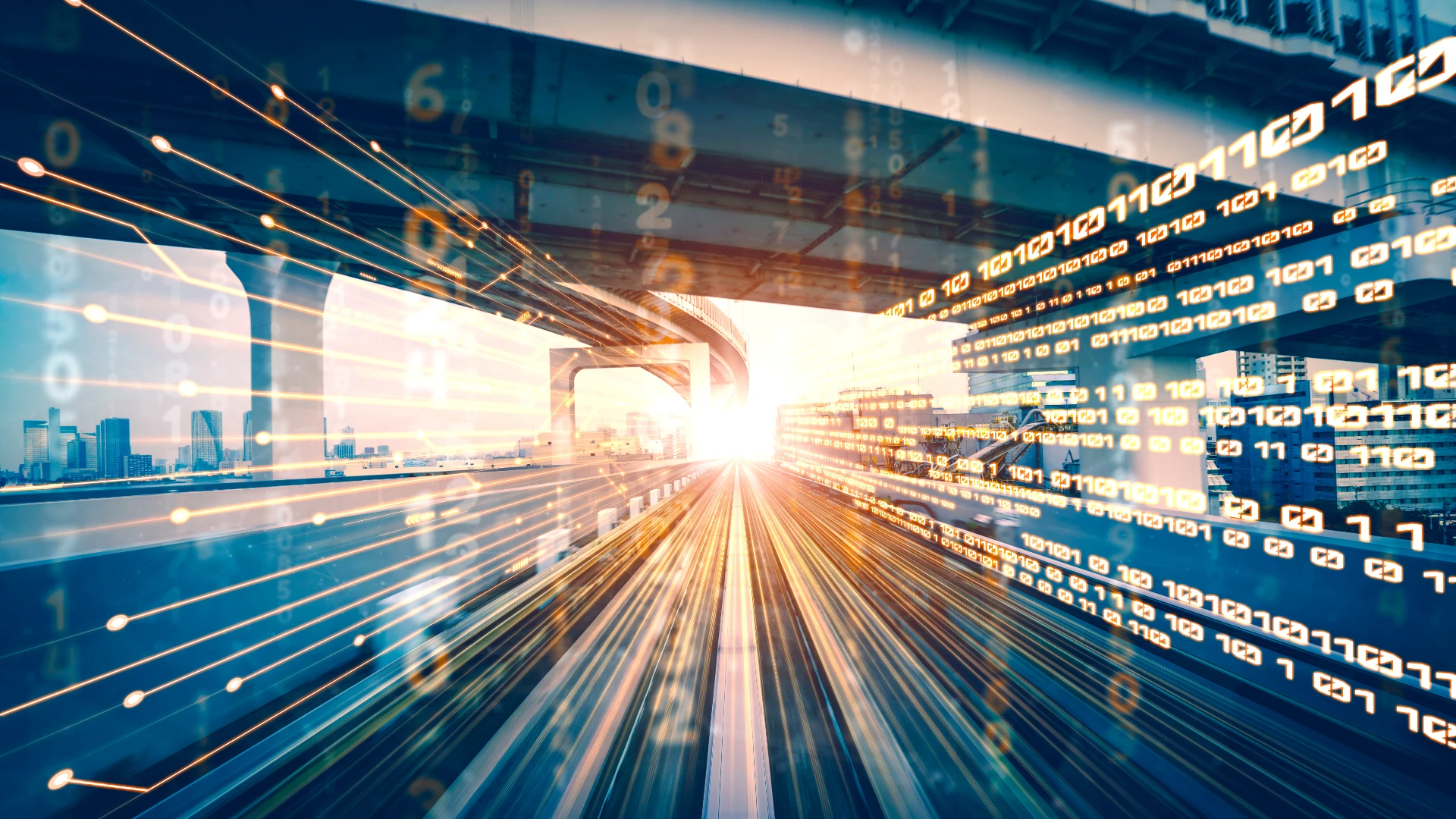 image with a light on the horizon with rays of data coming under a bridge towards the camera