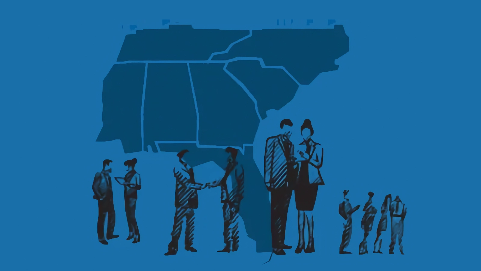 Graphic of SE US states with illustrated people milling about