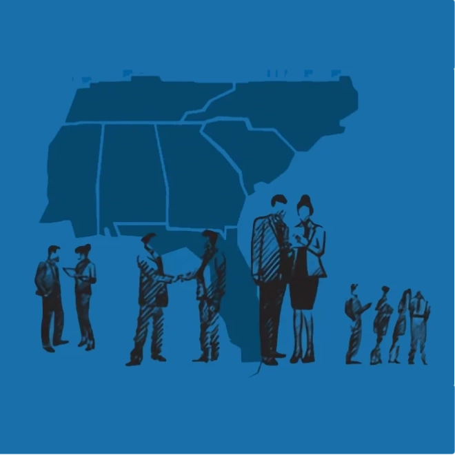 Graphic of SE region of US with illustrated people in front milling about