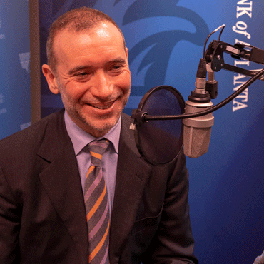 Heinz College professor Alessandro Acquisti during the recording of a podcast episode.