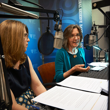 Claire Green, a payments risk expert, and Nancy Donahue, a project manager, both of the Atlanta Fed's Retail Payments Risk Forum, during the recording of a podcast episode.